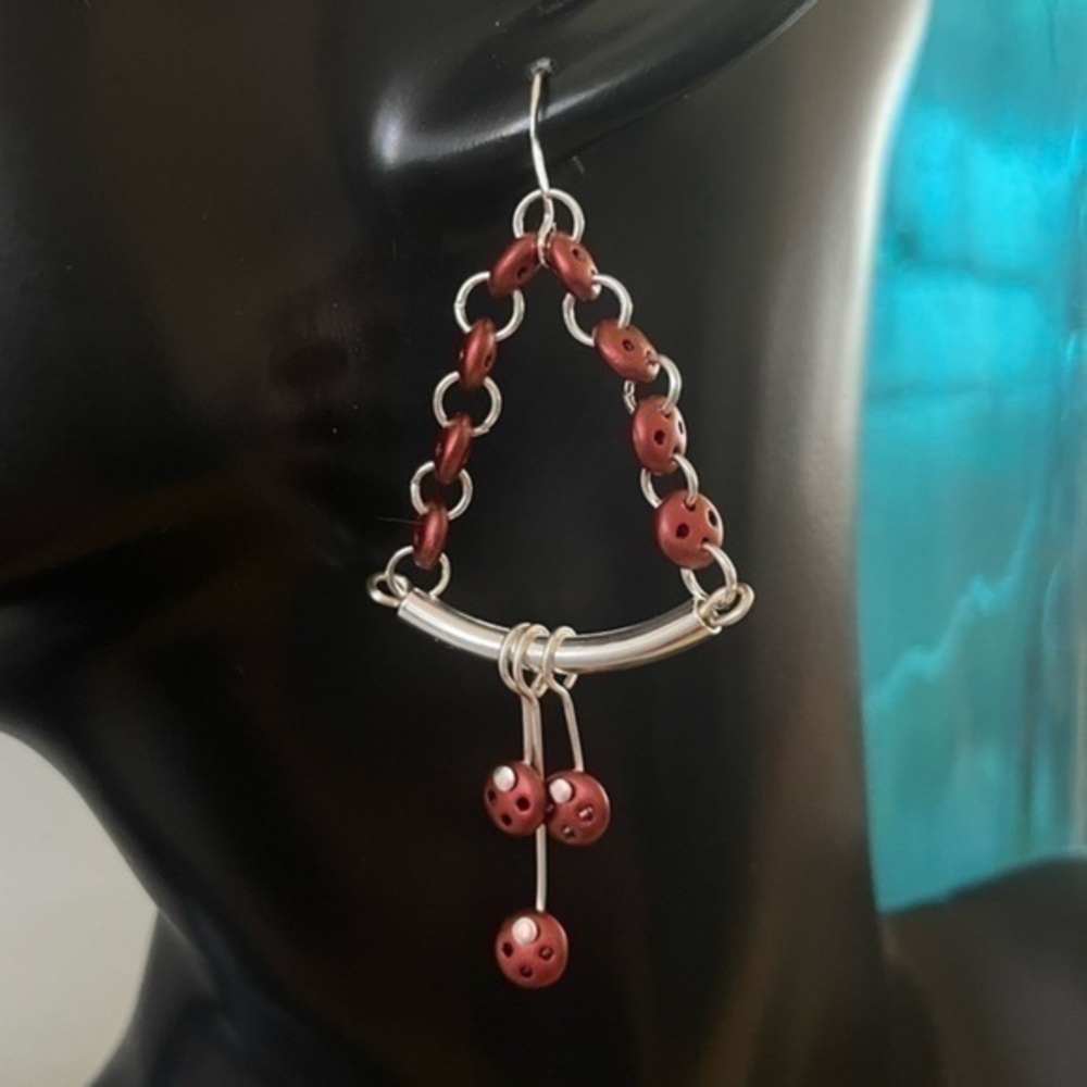 2/$29 Handmade Chandelier Earrings Red Silver Statement Dangle Chain Link NWT